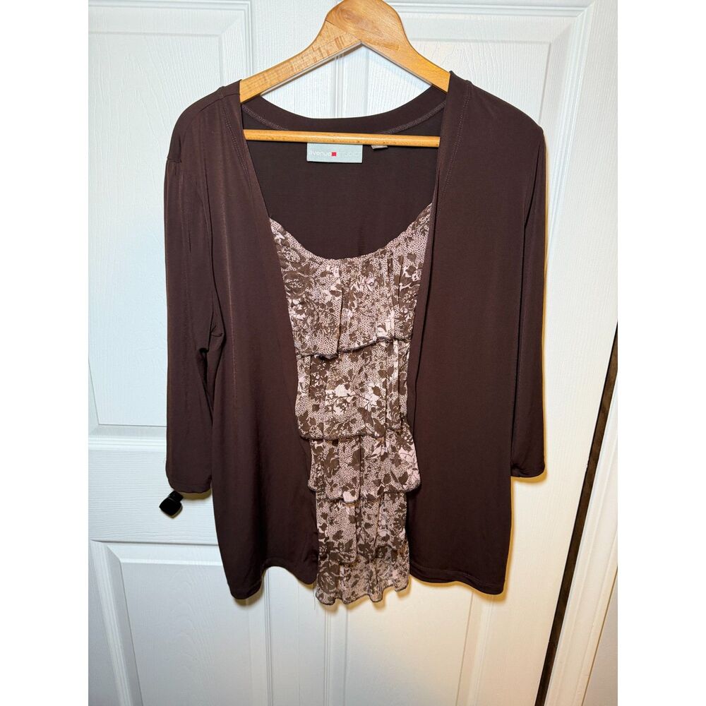 Avenue Studio Plus Size 18/20 Brown Layered Ruffle 2 Fer Knit Blouse Top